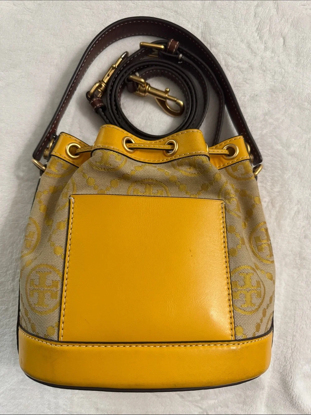 Tory Burch Yellow Logo Jacquard Drawstring Mini Bucket Bag